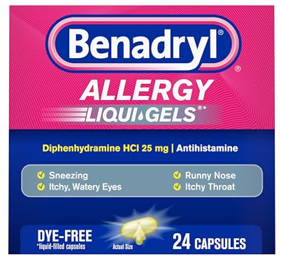 Benadryl Liqui-Gels Allergy Medicine, Dye-Free Liquid Gel Capsules with 25 mg of Diphenhydramine HCl Antihistamine for Relief of Allergy & Cold Symptoms Like Runny Nose & Sneezing, 24 ct