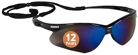 KLEENGUARD V30 Nemesis Safety Glasses (14481), Blue Mirror Lenses with Black Frame, Pack of 12 pairs