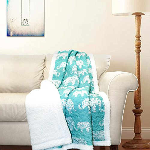 Lush Decor Elephant Parade Sherpa Throw Blanket 50 W x 60 L, Aqua - Elephant Blanket for Kids - Plush Throw Blankets for Bed - Blue Couch Blankets