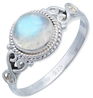 mantraroma Damenring echt Silber schlicht mit rundem Mondstein Boho