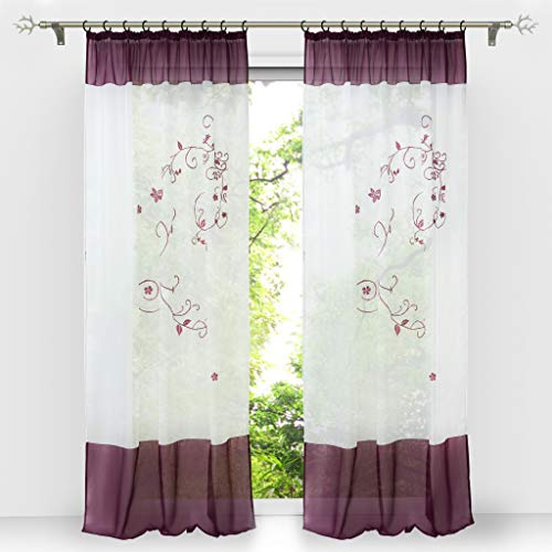 HongYa Gardine Transparent aus Voile mit Kräuselband und Blütenstickerei | Beere, H/B 245/140 cm, 1 Stück, lichtdurchlässig, pflegeleicht, weich fallend, für Wohnzimmer und Schlafzimmer