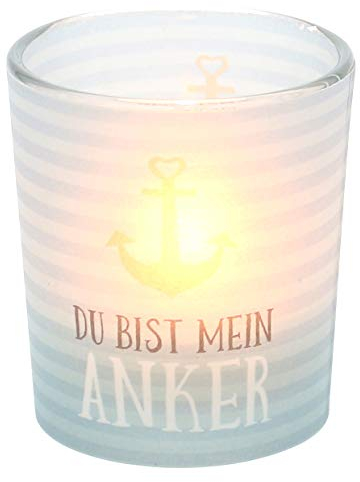 Dekohelden24 Windlichtglas mit Motiv auf Einer transparenten Banderole, inkl. 1 Teelicht, H/Ø: 6,5 x 6 cm, Motiv: Du bist Mein Anker.