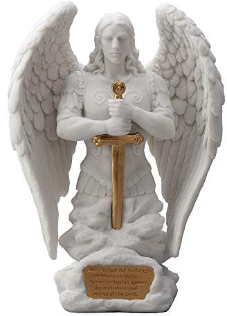 Veronese Design Engelsstatue des Heiligen Michaels, Gebet, Erzengel, Denkmal, Marmor, Weiß, Gold-Finish, 22,9 cm