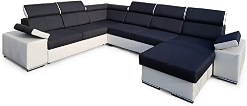 All4All Ecksofa mit Schlaffunktion Ariva Pano 334 cm x 264 cm - Wonlandschaft in U-Form - XXL Sofa - Schlafsofa Groß - Schwarz/Weiß - Gewebe mit Kunstleder - Seite Rechts - Modern 19