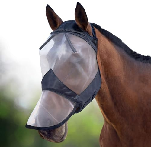 Harrison Howard CareMaster Fliegenmaske für Pferde, Vollgesicht, ohne Ohren, Schwarz/Silber, Retro, kleines Pony