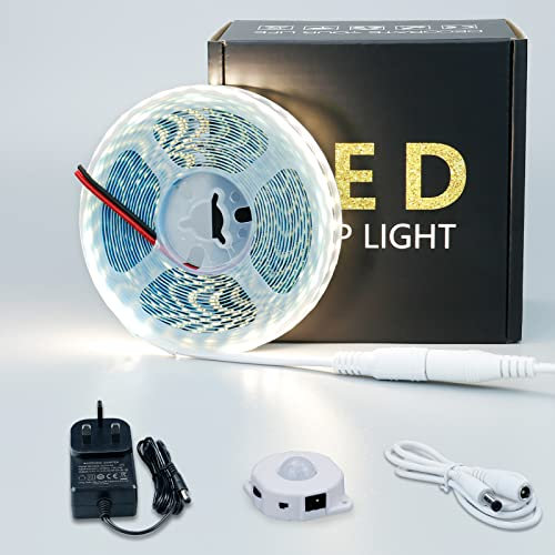 JOYLIT Motion Sensor LED Strip Light 5M, 12V Natural White LED Strip 4000K 600LEDs SMD 2835, Movement Activated ON/Off Indoor LED Tape with 2 Sensing Modes for Cabinets, Counters, Wardrobes