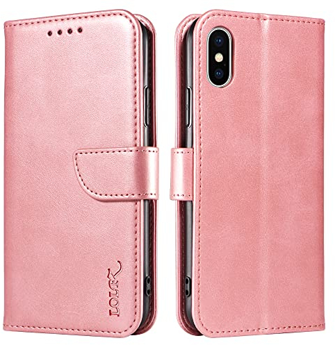 LOLFZ Wallet Case for iPhone X iPhone XS, Vintage Leather Book Case with Card Holder Kickstand Magnetic Closure Flip Case Cover for iPhone X iPhone XS - Rose Gold