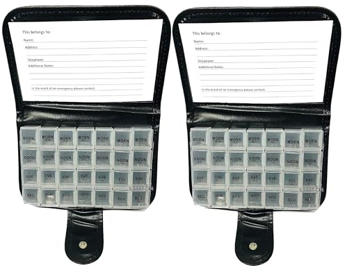 2pcs Pill Boxes 7 Days 4 Times A Day, AM/NOON/Evening/Bedtime Pill Organiser Medicine Wallet Tablet Storage Holder with 28 Compartments in Leather Cover