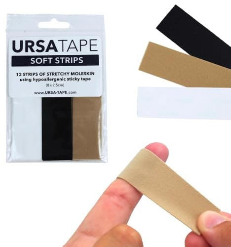 URSA Tape Stretchy Moleskin Fabric Tape | 12 Blister Strips, Heavy-Duty Blister Prevention, No-Residue Bandages for Feet & Body | (3.14 x 0.98in)