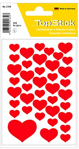 TopStick 1339 Aufkleber Herzen Rot klein mini, 200 Stück, Herz Sticker, selbstklebend, Etiketten in Herzform für Valentinstag Liebe Hochzeit Geburtstag Scrapbooking Dekoration Geschenk Briefe Basteln