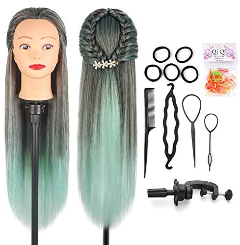 Hairdressing Head, Auzass Soft Training Head 100% Synthetic Fiber Hair Mannequin Dolls Head for Practicing Hairstyles with Table Clamp+Braiding Set, Presents for Girls Kids Hairdressers