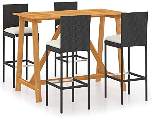 vidaXL Gartenbar Set 5-TLG. mit Kissen Theke Bar Tresen Gartentheke Bartisch Barhocker Barstuhl Stehtisch Gartenmöbel Gartenset Schwarz