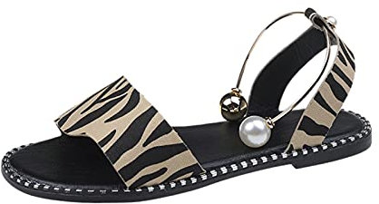Julhold Damen Flache Sandalen Freizeitschuhe Atmungsaktive Wohnungen Slip-on Perlenschnalle Offene Spitze Strandschuhe Slide Hausschuhe(Schwarz,37)