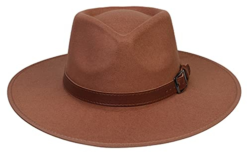 JK Home Fedora-Hut mit breiter Krempe, aus Wollfilz, Panama-Kappe, Einheitsgröße, Unisex, Damen und Herren, schwarzes geflochtenes Lederband, Brown Leather Ribbon, Einheitsgröße