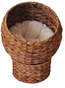 spot on dealz® Round Pet House Natural Rattan basket Soft Cushion cats calming chair wicker dog bed with metal frame inside cat beds for indoor Cozy Cave house