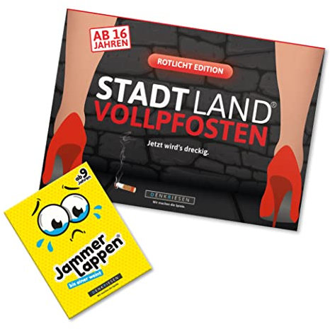 DENKRIESEN - Party Pack – JAMMERLAPPEN & Stadt-Land VOLLPFOSTEN Rotlicht Edition | Lustiges Kartenspiel & versauter Spielblock | Partyspiele ab 16 | Geschenkidee für Erwachsene & Spieleabende