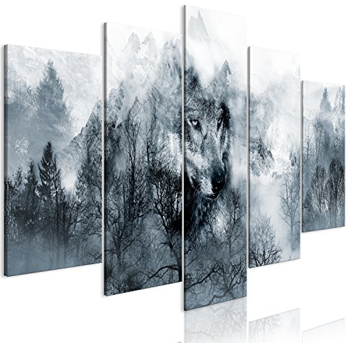 murando - Wandbilder XXL Wolf 150x75cm 5 tlg - Wand Deko Leinwand Bilder Groß Wanddeko Wohnzimmer Schlafzimmer Kunstdrucke - Wald g-A-0139-b-m