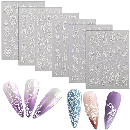 MWOOT 6 Blatt 5D Stereoskopische Blume Nagel Aufkleber Nagelsticker,Nail Art Stickers Decals Geprägte, Selbstklebende Nagel Abziehbilder für DIY Frauen Mädchen Maniküre Dekoration