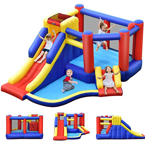 COSTWAY 5 en 1 Château Gonflable avec 2 Toboggans & Maison de Saut, Aire de Jeux Gonflable avec Mur d'escalade & Panier de Basket & Balle Gonflable, Charge 120kg pour 3-4 Enfants de 3-10 Ans