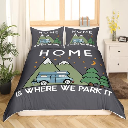 Camping Bettwäsche Set 155x220cm für Jungen Mädchen Campingwagen Wohnmobil Bettwäsche Jugendliche Kinder Camper Abenteuer Reisen Bettbezug Vintage Raumdekoration rustikale Landhausstil Kollektion