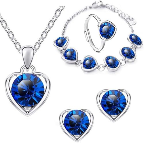Wedity Herz-förmige Kristall Halskette Ohrringe Armband Ring Set Gold Mode Liebe Herz Anhänger Choker Halsketten Schmuck für Frauen und Mädchen (Blau)