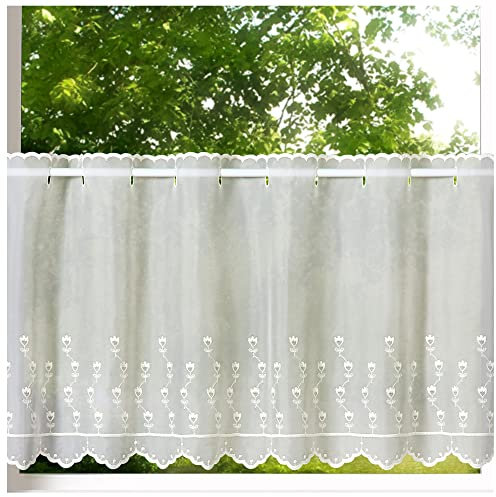 heimtexland ® Scheibengardine Voile Stickerei Tulpe Transparent Deko Gardine Landhaus Bestickt Fensterdekoration BistrogardineTyp818 Natur HxB 45 x 115 cm