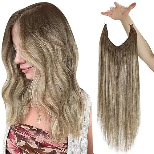 Easyouth Secret Draht Extensions Echthaar Remy Haarverlängerung mit Draht Farbe Mittelbraun Mix Platin Blond und Mittelbraun 70g 35 cm Secret Draht Extensions Echthaar #6/60/6
