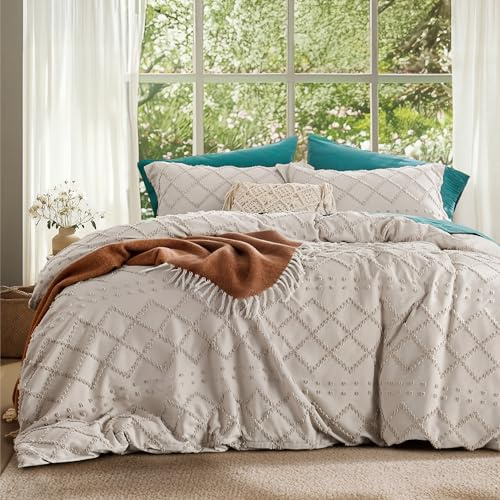 Bedsure Boho Duvet Cover Queen Size - Beige Breathable & Soft Boho Bedding, Machine Washable Comforter Cover for All Seasons, Includes 1 Duvet Cover 90x90 with 2 Pillow Shams & Zipper Closure
