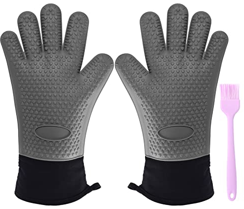 Ocves Silikon Ofenhandschuhe mit Fingern –Topfhandschuhe mit Silikon, Hitzebeständig bis 250°C, rutschfest & mit extra lang Arm – Waschbar, Grillhandschuhe für Backofen, Küche, Grillpartys(Grau)