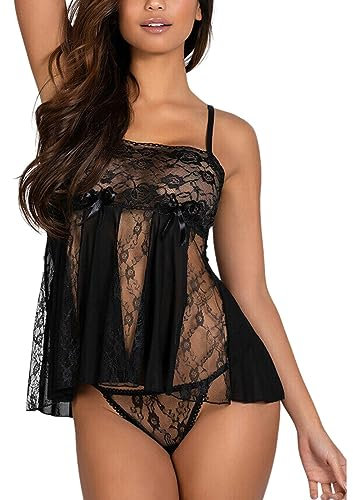 ROSVAJFY Mini Abito Lingerie Babydoll Sexy Pizzo Trasparente Donna, Camicia Notte Perizoma G-String, Indumenti Sposa Maglia Elasticizzata Chemise, Pigiama Negligee Spalline Clubwear Natalizio (Nero)