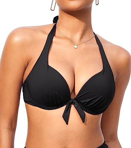 DOBREVA Damen Push Up Bikini Oberteil mit Bügel Gepolsterte Sexy Halfter Self Tie Bademode - BH Größen Schwarz 80E