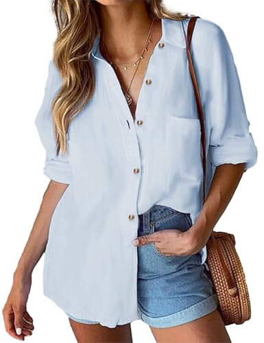 HOTOUCH Women Casual Solid Color V Neck Blouse Womens Button Down Shirt Long Sleeve Tops Tunics Sky Blue L