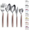 Evanda Ménagères assortie 5 pièces, poignée marron et tête en argent brillant, cuillère de service, cuillère à fente, fourchette de service, cuillère à sucre, épandeur à beurre