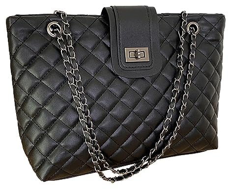 Estink Ketten-Einkaufstasche Großes Fassungsvermögen PU-Leder Schwarze Schulterhandtaschen Einkaufstasche Alltags-Essentials Lässige Arbeitstasche (Freie Größe)