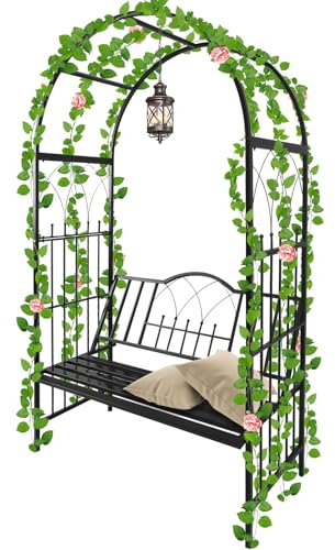2 M Arche de Jardin avec Banc, Kalolary Tonnelle Jardin Robuste en Métal avec Siège Plante Grimpante 2 Places Grand Jardin Rose Pavillon Arc Fleur Vignes Support d'escalade Pelouse Jardin Extérieur