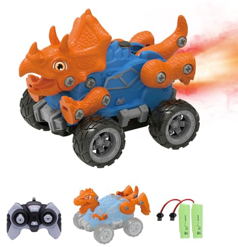 iBlivers Macchina Telecomandata, telecomando costruzione auto dinosauro, Monster Truck 2 forme Dino sostituzione con luci spray nebbia, costruire un STEM telecomando auto giocattolo regali