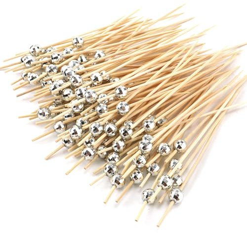 300pcs Cure-Dents Décoratifs Disco pour Apéritifs, Argent Pics à Cocktail Boule Disco Bois Brochettes de Nourriture Longues Décoration Fête Fantaisie pour Mariage Fournitures d'Anniversaire
