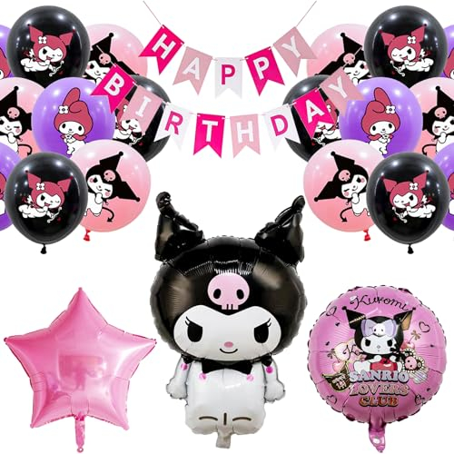 Kuromi Juego de 15 globos Kuromi para niños, decoración de fiesta de cumpleaños con pancarta de feliz cumpleaños, Kuromi y My Melody, decoración de fiesta, para niñas, cumpleaños infantiles, ducha de