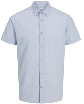 JACK & JONES Mens Cotton Shirts, Short Sleeve Button Down Summer Polo Shirts for Men UK, Chambray Blue Colour, Size L