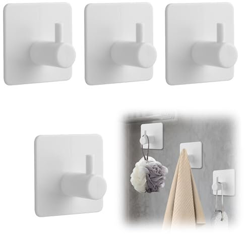 nllkii Set de 4 Ganchos Adhesivos para Pared, Colgador Autoadhesivo Extrafuerte Sin Taladro, Soporte Toallas Adhesivo para Baño Cocina Albornoz Trapos, Blanco