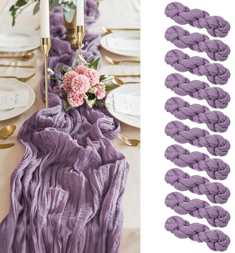 10er-Pack violetter Amethyst-Käsetuch-Tischläufer, lila Tischläufer, Käsetuchstoff, 10 Fuß malvenfarbener Gaze-Tischläufer, Boho-rustikaler, halbdurchsichtiger Tischläufer für Hochzeitsempfang