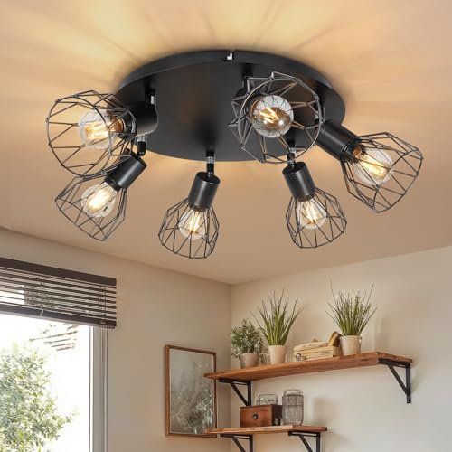 Kimjo Deckenstrahler 6 Flammig Rund Schwenkbar - Deckenstrahler LED Schwarz - E14 Deckenlampe Strahler Deckenleuchte - Spot Lampe Ohne Leuchtmittel