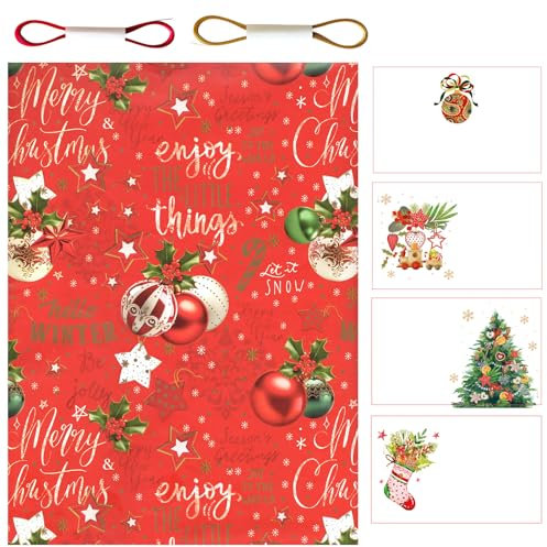 ARKRAFT Weihnachten Geschenkpapier Set 4 Bögen Format 90 x 65 cm 4 Grußkarte 2 x 5 m Band (Set 18-9380)