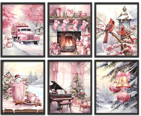 Pinke Leinwand-Wandkunst, Vintage-Wandkunstdrucke, 6 Stück, rosa Weihnachtsgalerie, Wanddekoration, Vogel, LKW, Tannenbaum, Schneemann, Strümpfe, Winterszene, Dekoration für Wohnzimmer, Schlafzimmer