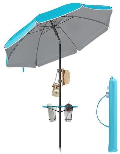 SONGMICS Ombrellone 200 cm di Diametro, Ombrellone da Spiaggia, Protezione Solare UPF 50+, Inclinabile 30°, Altezza Regolabile, con Ripiano e Gancio, per Giardino, Senza Base, Blu GPU0082Q01