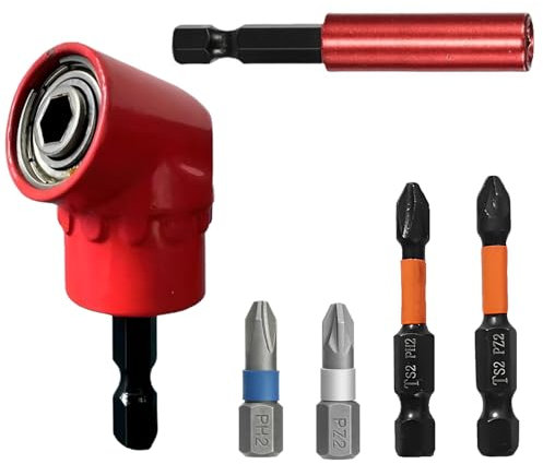 Oiieco 105° Right Angle Drill Screwdriver Bit Set, 1/4 Hex Shank Right Angle Drill Attachment with 4Pcs PZ2&PH2 Screwdriver Bits and Bit Holder for Screwing and Drilling in Tight Corner Workspaces