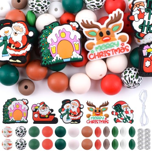 URROMA Lot de 76 Perles de Noël en Silicone pour Stylo - Perles de Noël Mixtes pour la Fabrication de Bijoux - Perles d'espacement pour Colliers, Loisirs créatifs, Fournitures de fête