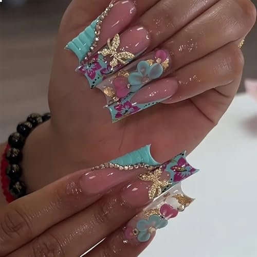 GlamRays Long Press On Nails French Tip False Nails Blue Square False Nails with Gold 3D Butterfly Designs Pink Full Size Artificial Nails Pack of 24