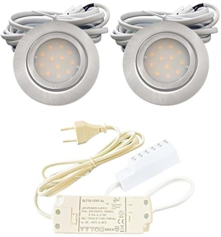 2er Set LED Einbauleuchte Leni 12V 2,2W 4000K Neutralweiß | Ø54-60mm Flach Edelstahl gebürstet | IP44 | inkl. Plug-and-Play Trafo & 230V Zuleitung | Für Bad, Küche, Möbel | Einheitliche Lichtfarbe