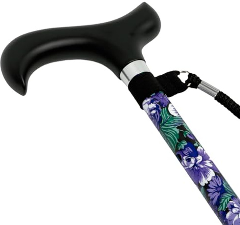 Cymam Ausziehbarer Gehstock für ältere Menschen – Aluminium mit ergonomischem Holzgriff, beidhändig, Modell Blumen Malve, mit Sicherheitsgurt